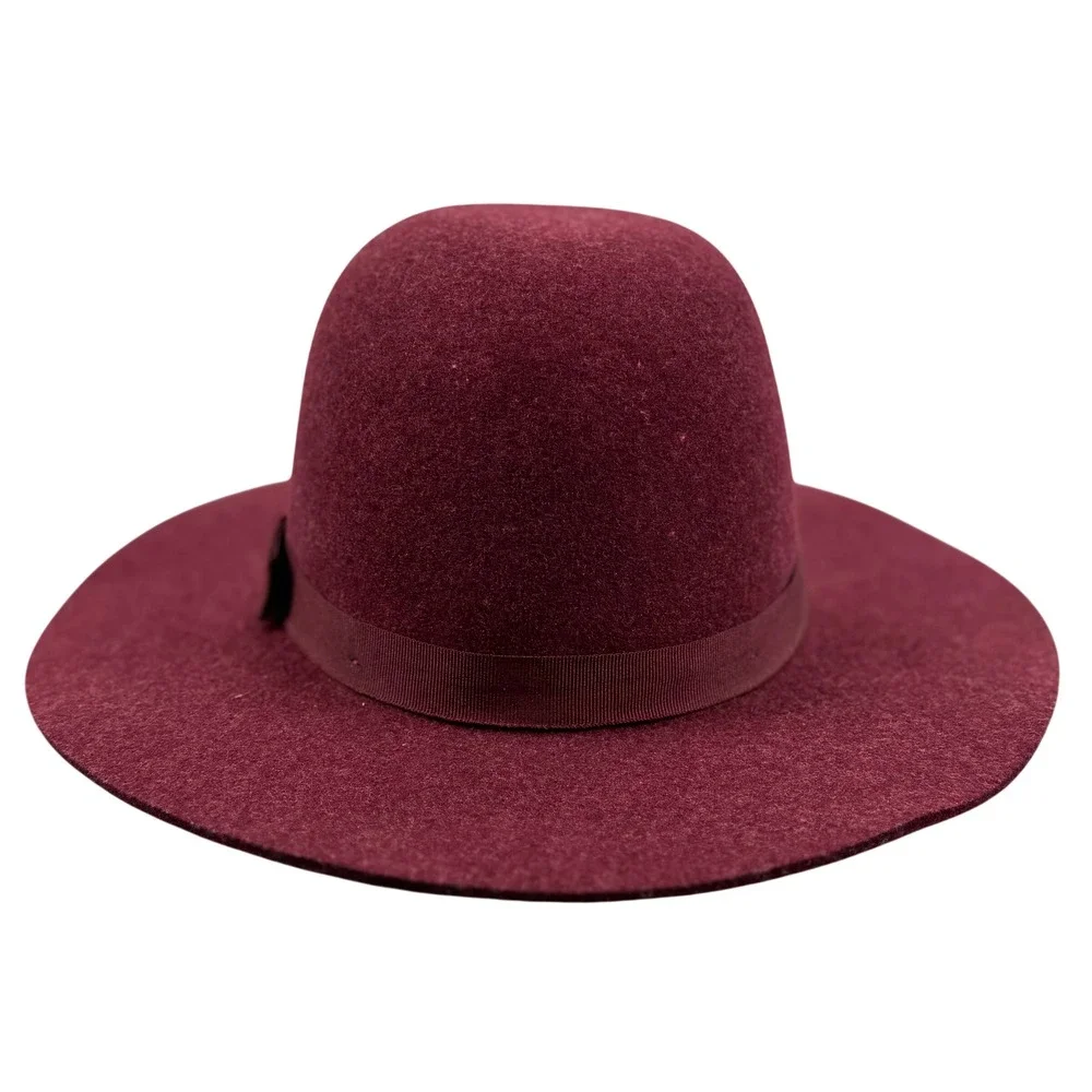 Brixton Wide Brim Wool Round‎ Top Hat Womens Small Burgundy/Wine Felt Ribbon Bow